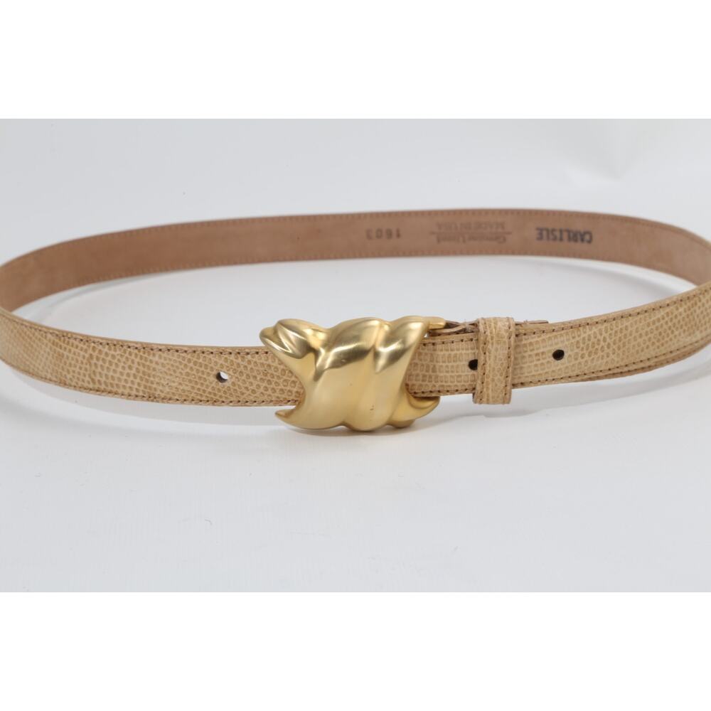 VINTAGE CARLISLE Women's Lizard Embossed Leather Belt Ornate Gold Buckle Size M - Picture 3 of 6